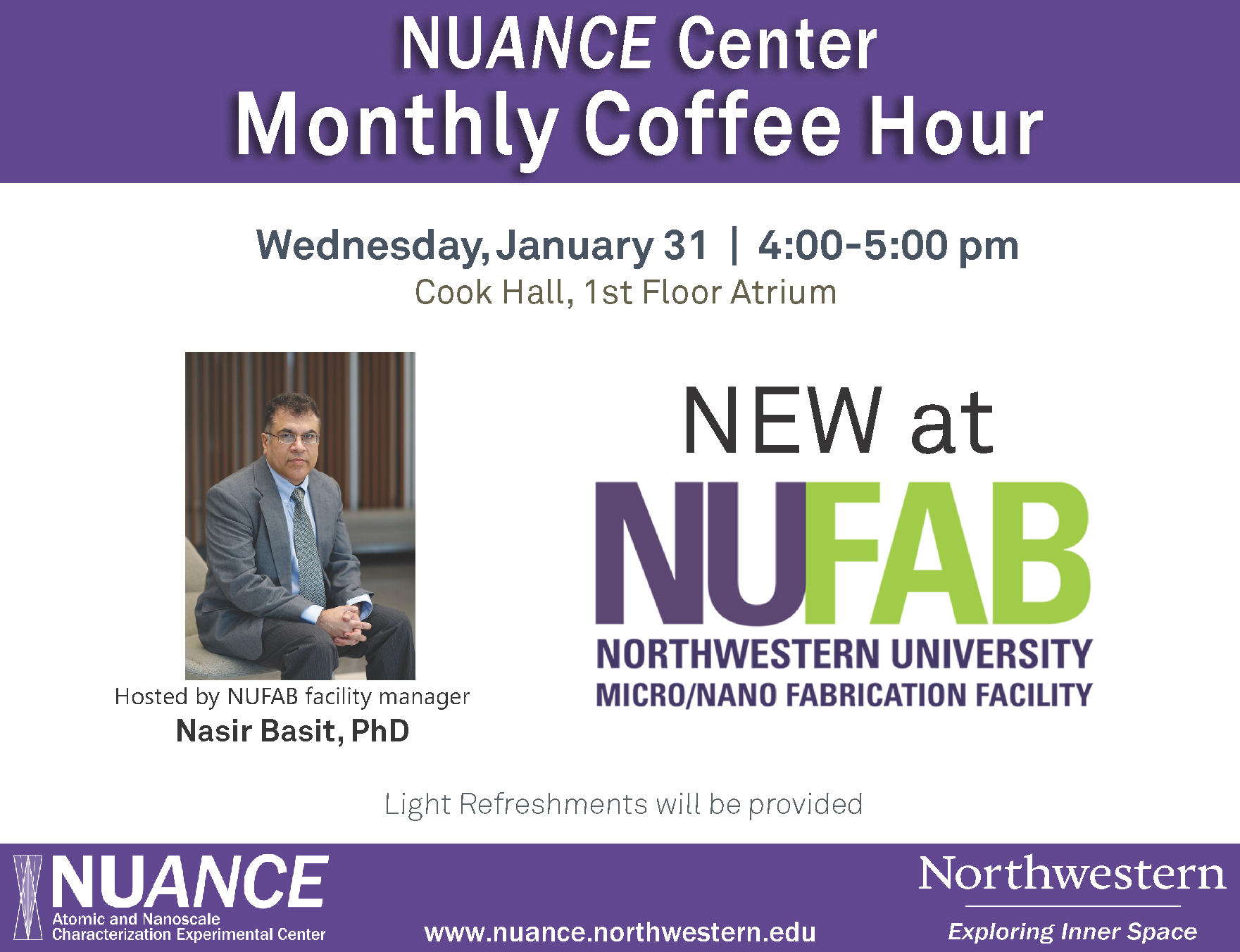 Promotional flyer with NUFAB coffee hour info and an image of Nasir