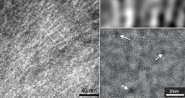 Left: Organic matrix consisting of chitin fibers in the stylus. Upper right: Filtered image of the white box in the left image showing preferential alignment of fibers (dark). Lower Right: Santabarbaraite mineral nanoparticles indicated with arrows.