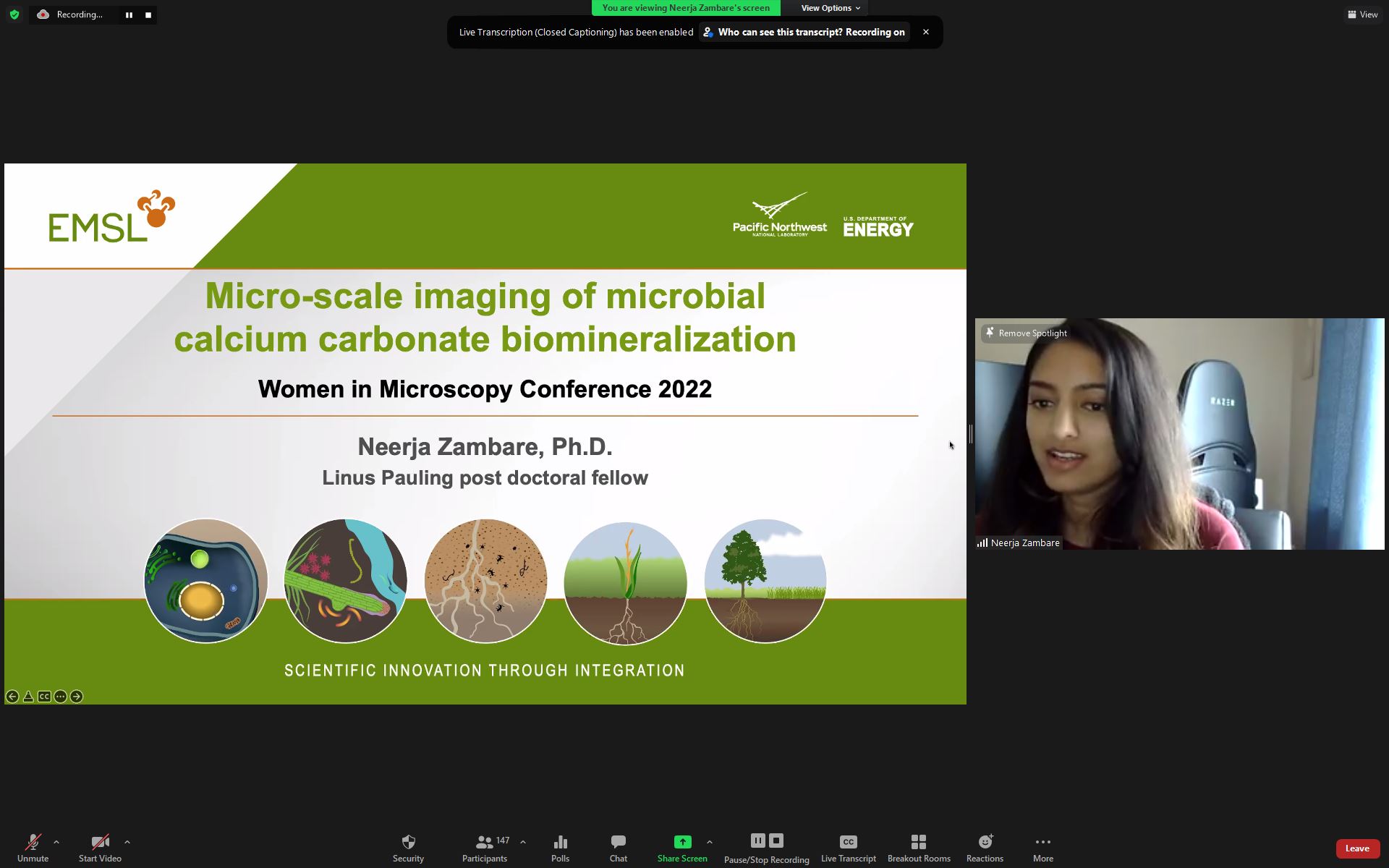 Dr. Neerja Zambare, Linus Pauling Distinguished Post Doctoral Fellow, Environmental Molecular Sciences Laboratory, Pacific Northwest National Laboratory presenting her talk:  "Micro-scale Imaging of Microbial Calcium Carbonate Biomineralization"
